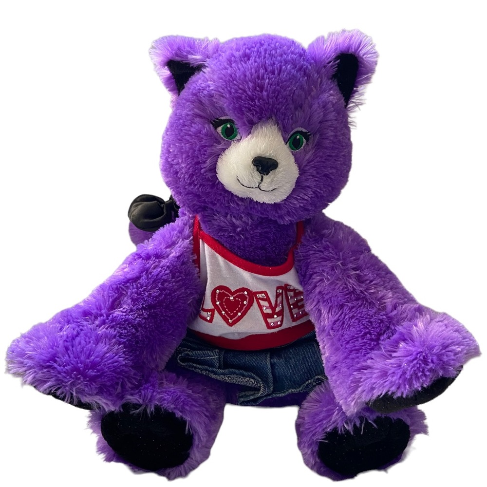 Build A Bear Kitty Cat Purple Green Eyes Dressed Plush 12” BAB Tail Bow Gothic